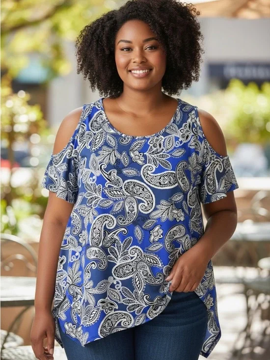 Sami & Jo Plus 2X Blue Paisley Cold Shoulder Ruffle Sleeve Blouse - Picture 3 of 6